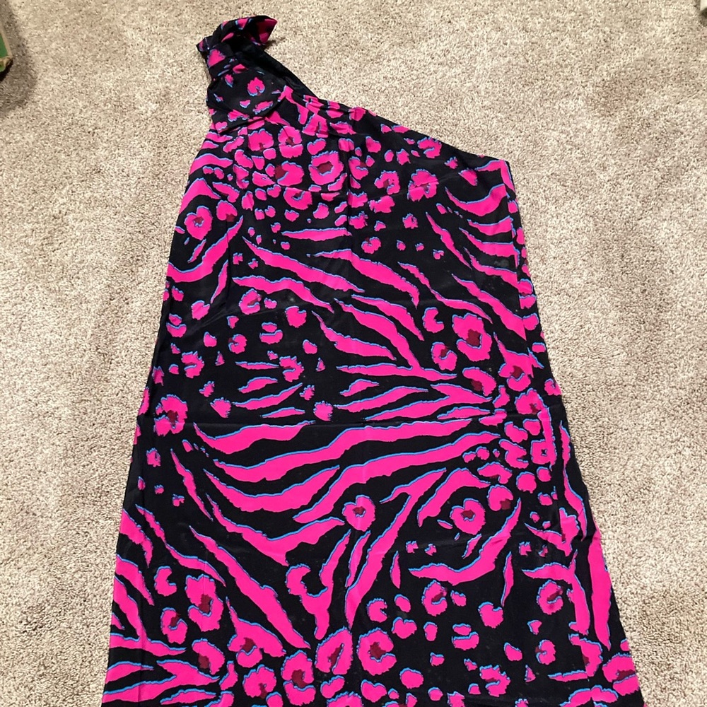NWT Silk DKNY pink original print one shoulder dress